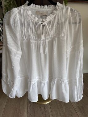 LOFT White Swiss Dot Tie-Neck Peasant Blouse